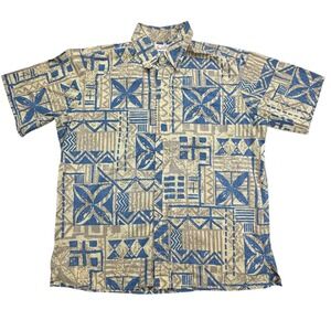 Reyn Spooner Alfred Shaheen Hawaiian Shirt Mens L Yellow Geometric Button Down